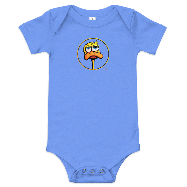 Original duck illustration on a blue, short sleeve baby onesie