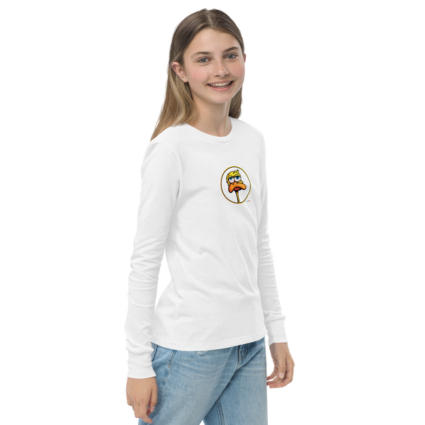 Kid wearing a white, long-sleeved tee featuring an illustration of a duck