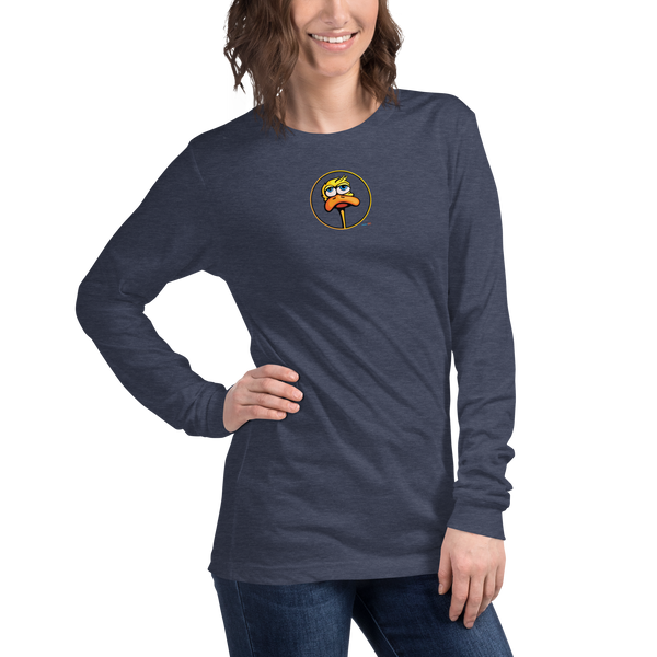 Woman with half her head missing wears a navy blue, long sleeve shirt featuring an original illustration of a rather stoic looking duck