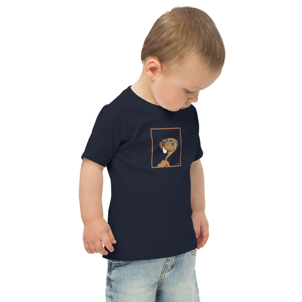 Toddler in navy blue t-shirt featuring an original illustration of a gopher