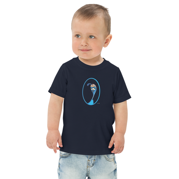 Toddler in navy blue t-shirt featuring an original illustration of a quail