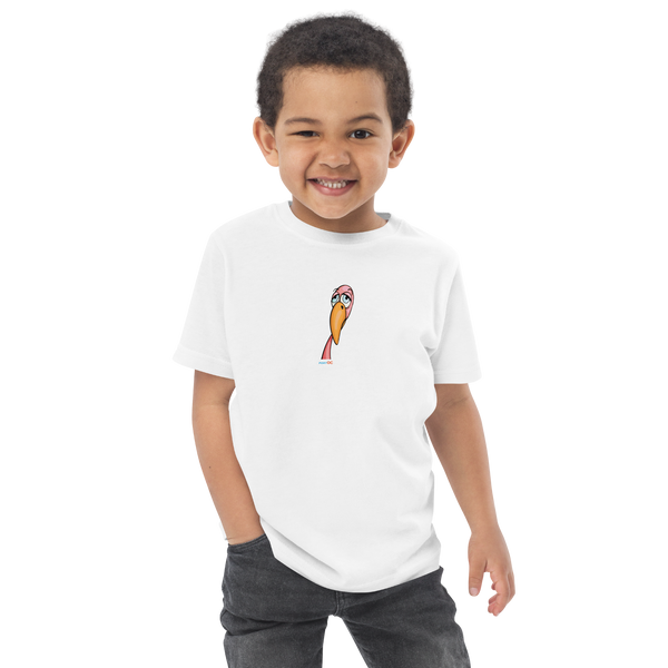 Toddler in a white, short sleeve toddler tee featuring an original illustration of a flamingope