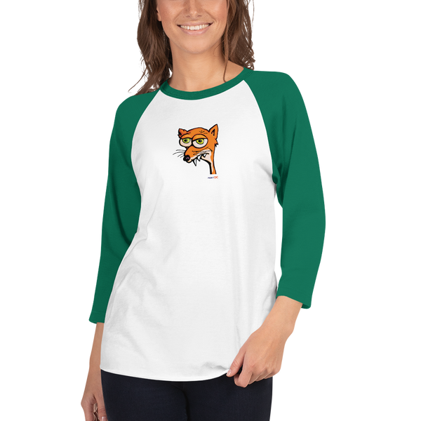 Woman missing half her head wears a white and green, raglan sleeve baseball shirt featuring an original illustration of a fox