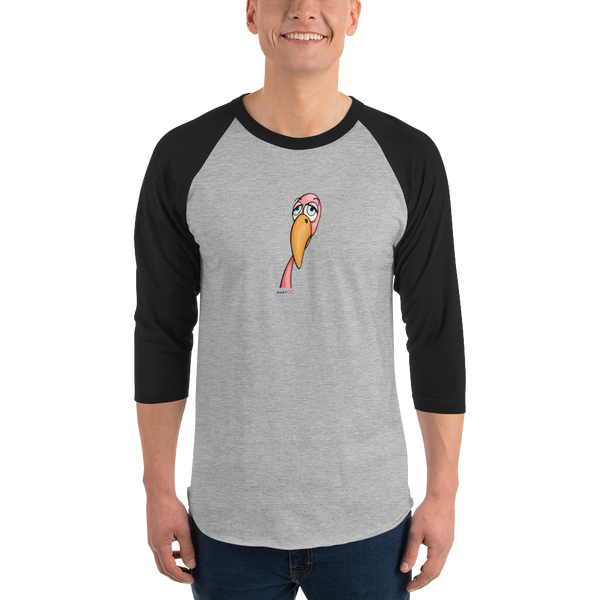 Man missing half his head wears a grey and black, raglan sleeve baseball shirt featuring an original illustration of a flamingnope
