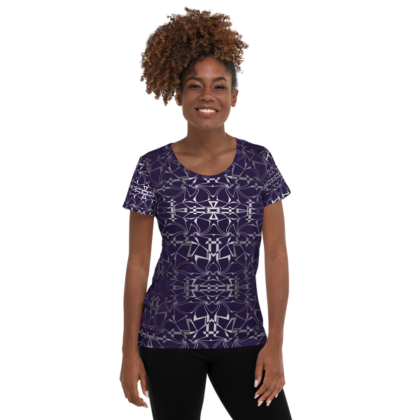 Woman in navy blue athletic t-shirt featuring silver abstract print (front view)