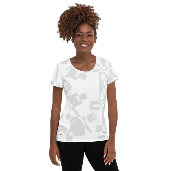 Woman in white athletic t-shirt featuring silver, grey abstract print (front view)