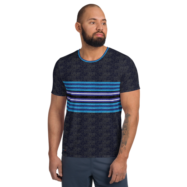 Man in white athletic tee featuring blue abstract stripe print (front view)