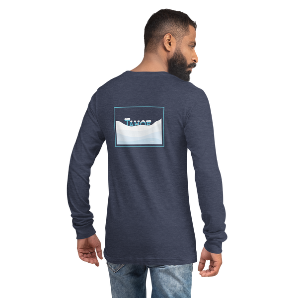 Beardy guy wearing a blue-grey, long sleeve T-shirt featuring an original snowy Tahoe graphic