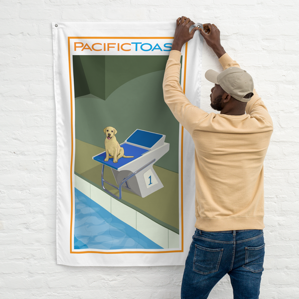 Man hanging a wall flag illustrated with a cute, yellow Labrador puppy sitting on a swim starting block