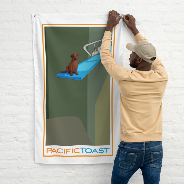 Long-lasting wall flag custom illustrated with a cute, chocolate brown Lab pup high up on a springboard