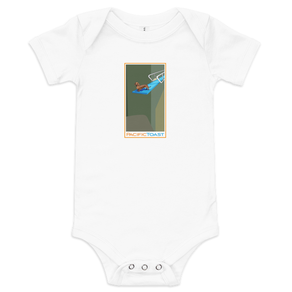 White, short sleeve baby onesie featuring an illustration of a dachshund perched on a diving board