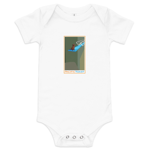 White, short sleeve baby onesie featuring an illustration of a chocolate brown lab puppy perched on a diving springboard