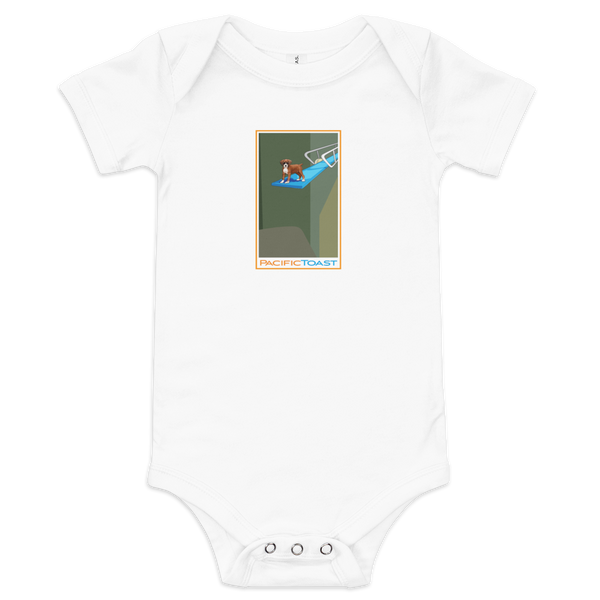 White, short sleeve baby onesie featuring an illustration of a boxer puppy perched on a diving board