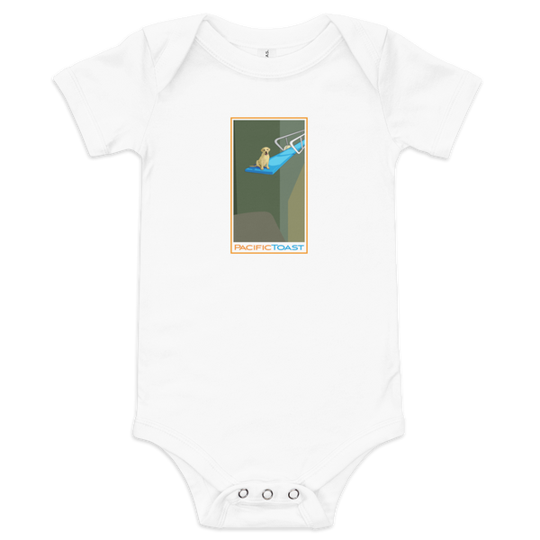 White short sleeve baby onesie featuring an illustration of a yellow lab puppy perched on a diving board
