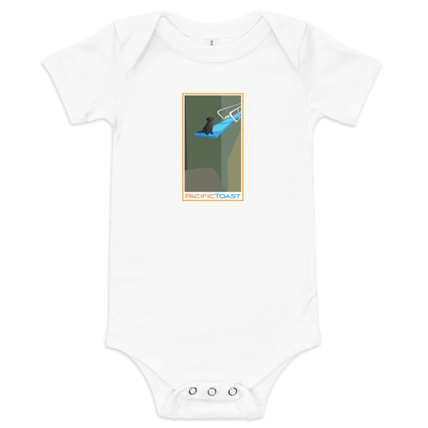 White short sleeve baby onesie featuring an illustration of a black lab puppy perched on a diving board