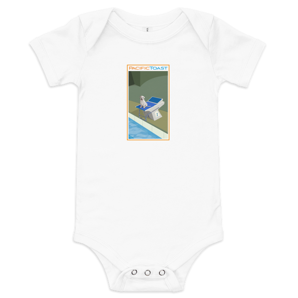 White short sleeve baby onesie featuring an illustration of a white lab puppy sitting on a swimmer's starting block