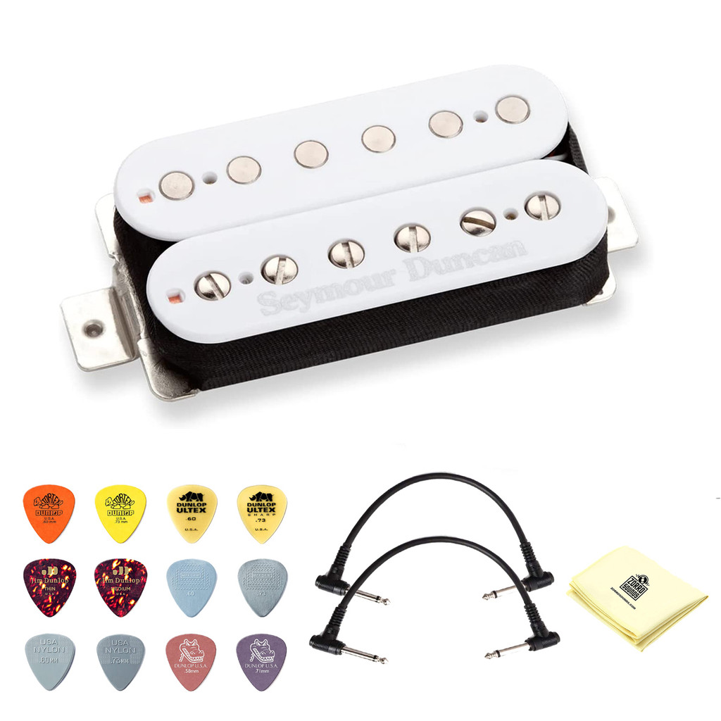 Seymour Duncan Sh-6 Distortion Humbucker Pickup White Bridge With 2 Senor Patch Cable 12 Pick Variety Pack And Zorro Cloth