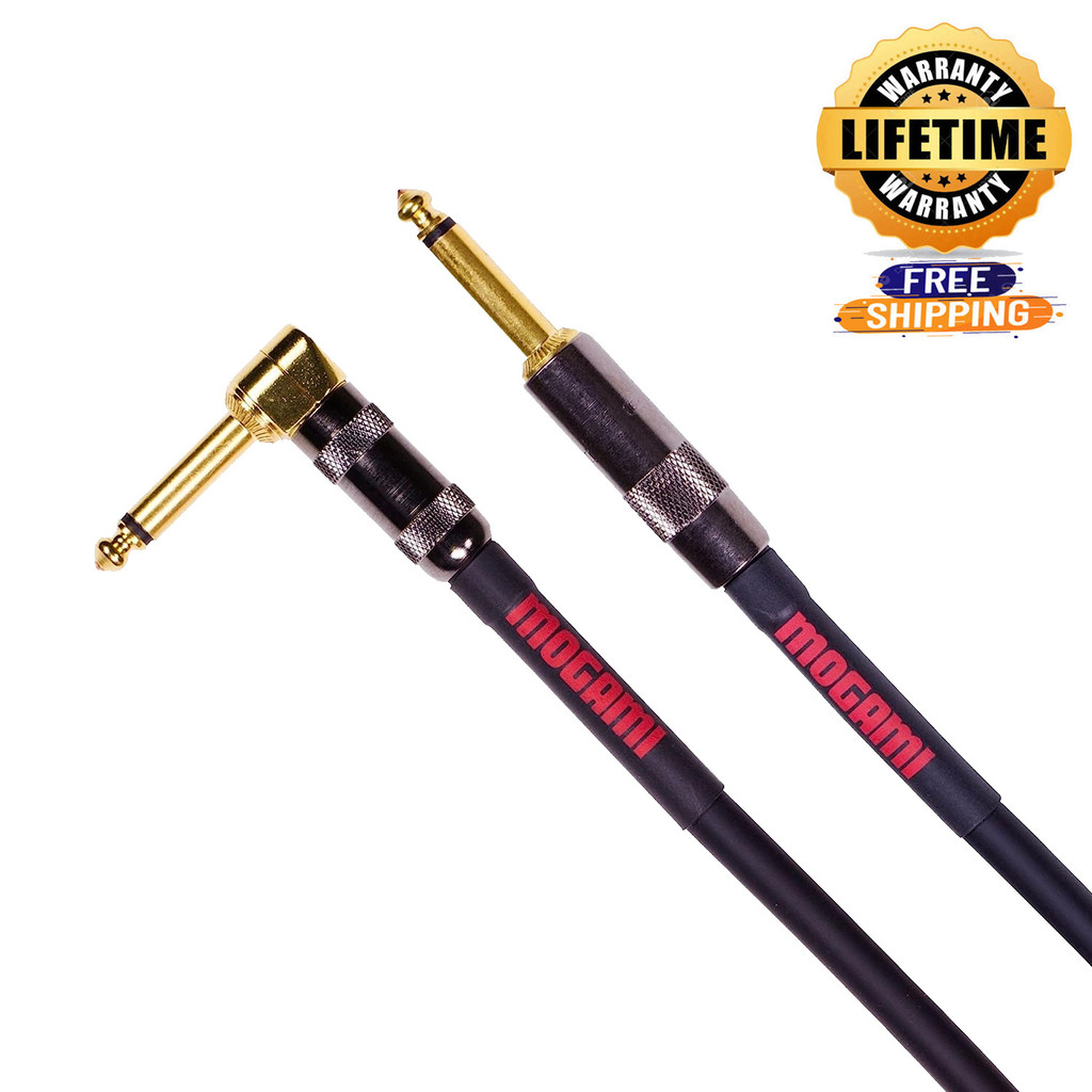 Mogami Od Gtr-12R Overdrive Guitar Instrument Cable, 1/4" Ts Male Plugs, Gold Contacts, Right Angle And Straight Connectors - 12 Foot