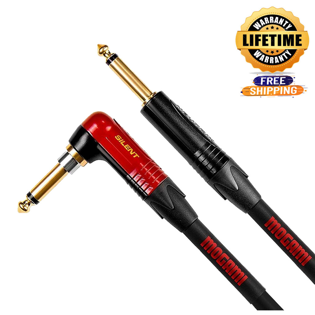 Mogami Od Gtr-12 Silent R Overdrive Guitar Instrument Cable 1/4" Ts Male Plugs Gold Contacts Right Angle Silent Plug To Straight Connectors - 12 Feet With Lifetime Warranty