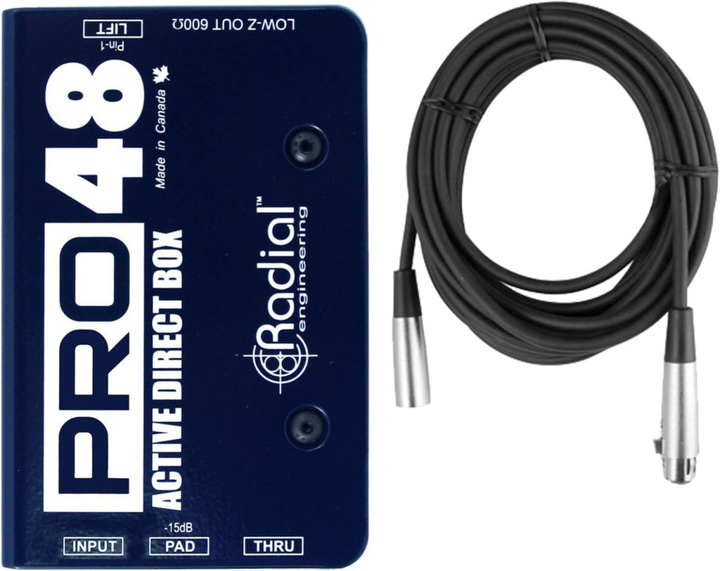 Radial Pro48 Active 1 Channel 48-Volt Compact Phantom Powered High Resolution Active Direct Box With Senor Cables 20' Xlr Microphone Cable