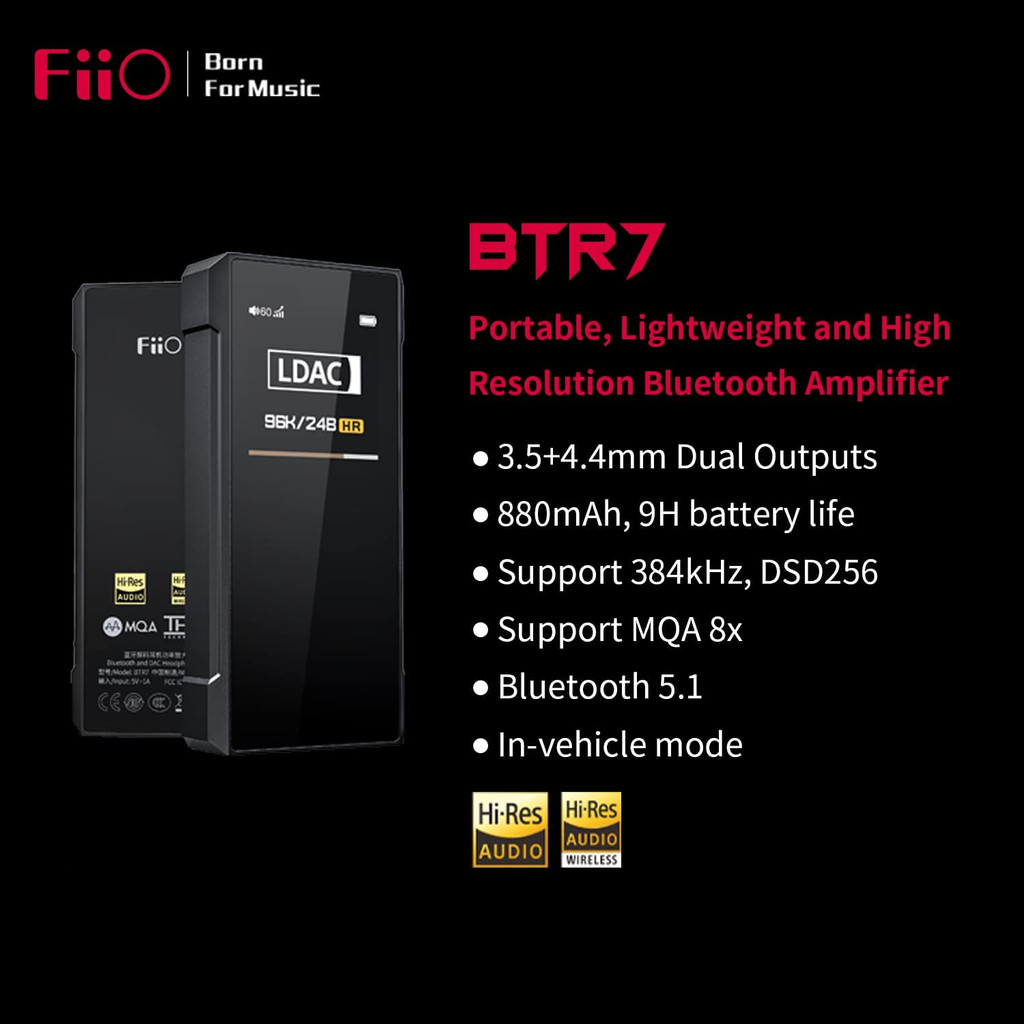 FiiO BTR7 Headphone Amp Bluetooth Receiver with THX Amplifier with Lightning Cable