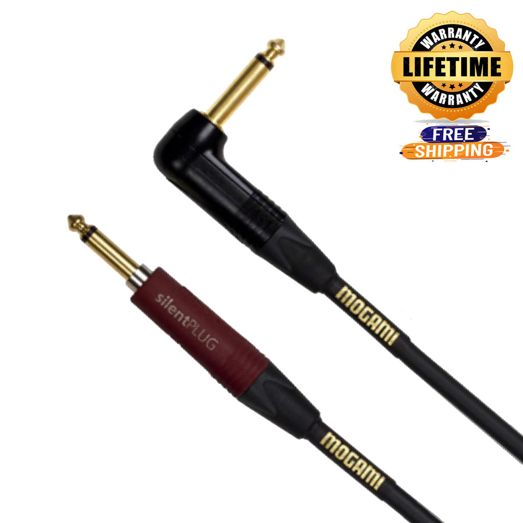 Mogami Gold INST Silent S-25R Guitar Instrument Cable 1/4" TS Male Plugs Gold Contacts Straight silentPLUG to Right Angle Connectors 25 Feet with Lifetime Warranty