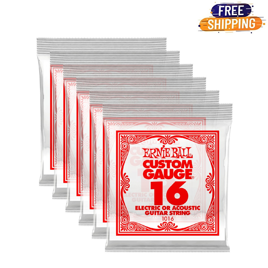 Ernie Ball Nickel Plain Single Guitar String .016 Gauge Pack of 6 - Red and White