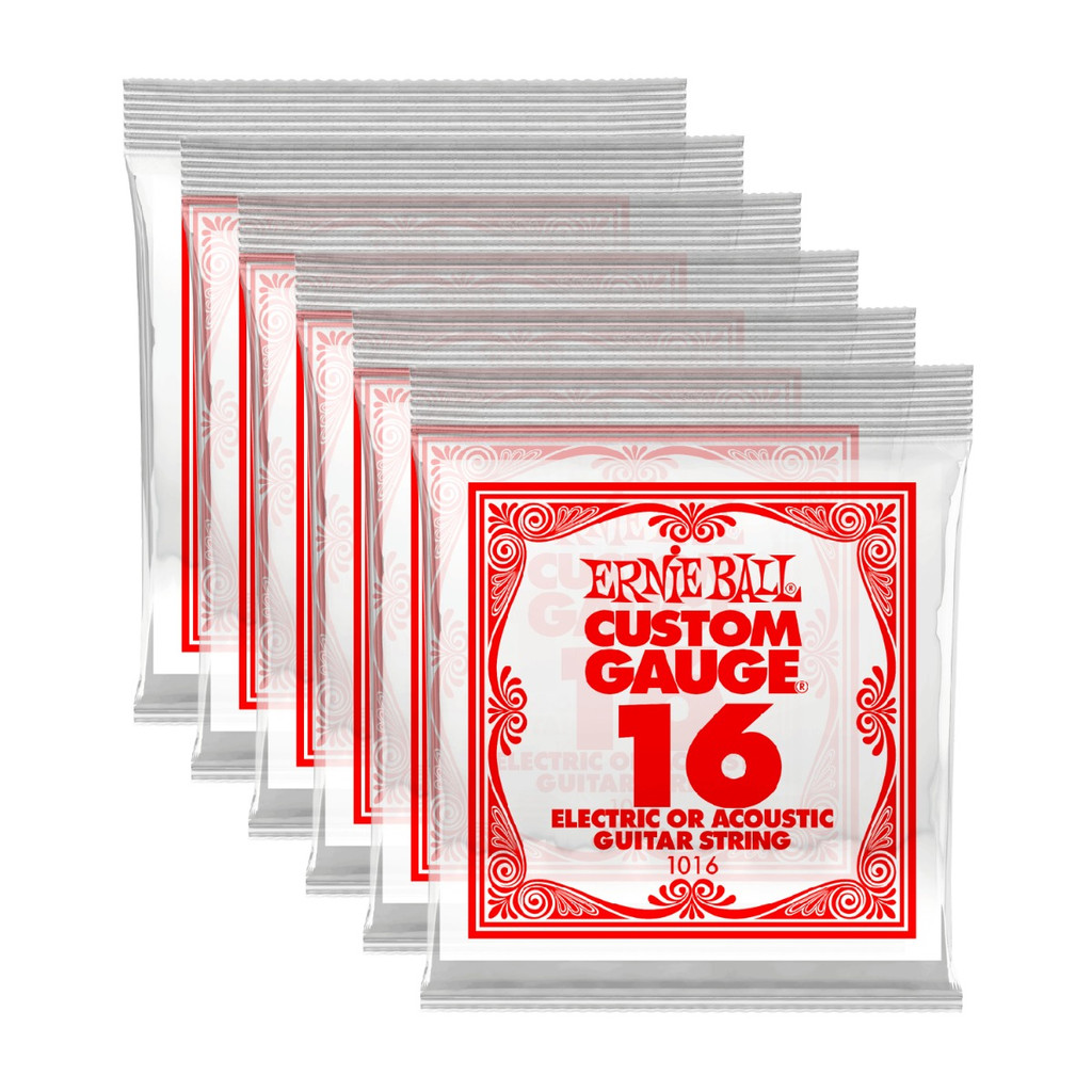Ernie Ball Nickel Plain Single Guitar String .016 Gauge Pack of 6 - Red and White