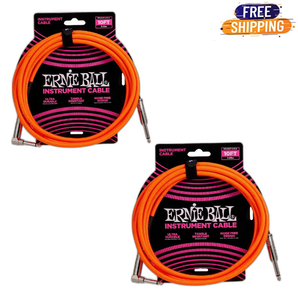 Ernie Ball Braided Instrument Cable Straight Angle 10 Feet Length in Neon Orange P06079 - Pack of 2