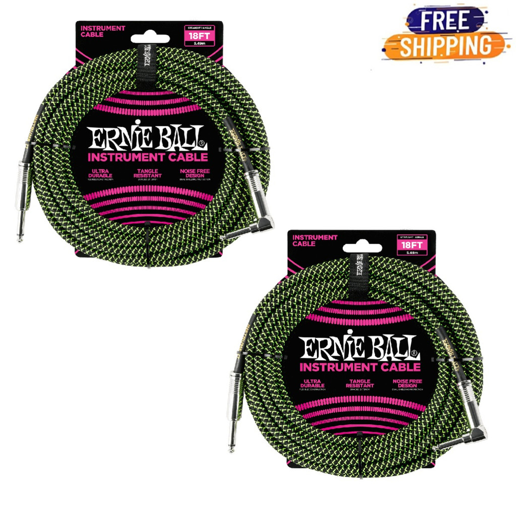 Ernie Ball Braided Instrument Cable Straight Angle 18 Feet Length in Neon Green/ Black P06082 - Pack of 2