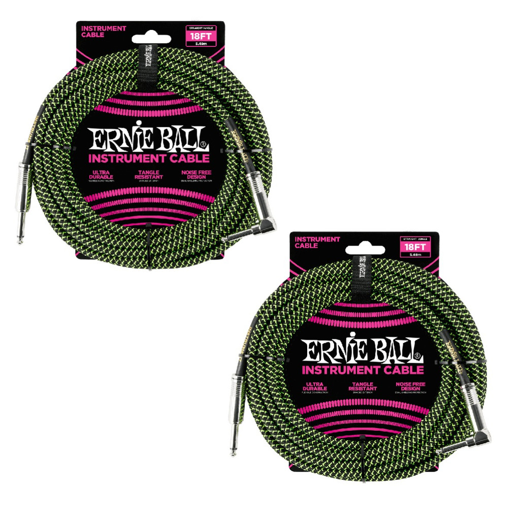 Ernie Ball Braided Instrument Cable Straight Angle 18 Feet Length in Neon Green/ Black P06082 - Pack of 2