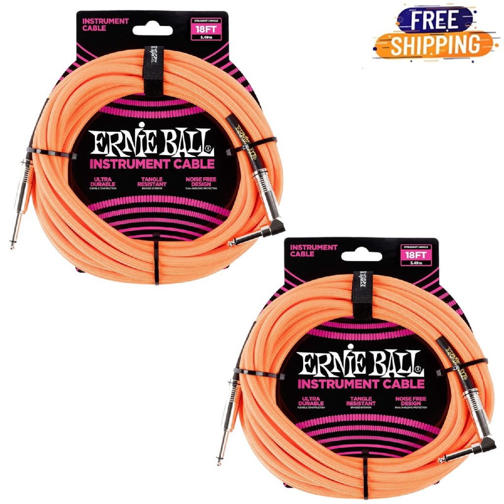 Ernie Ball Braided Instrument Cable Straight Angle 18 Feet Length in Neon Orange P06084 - Pack of 2