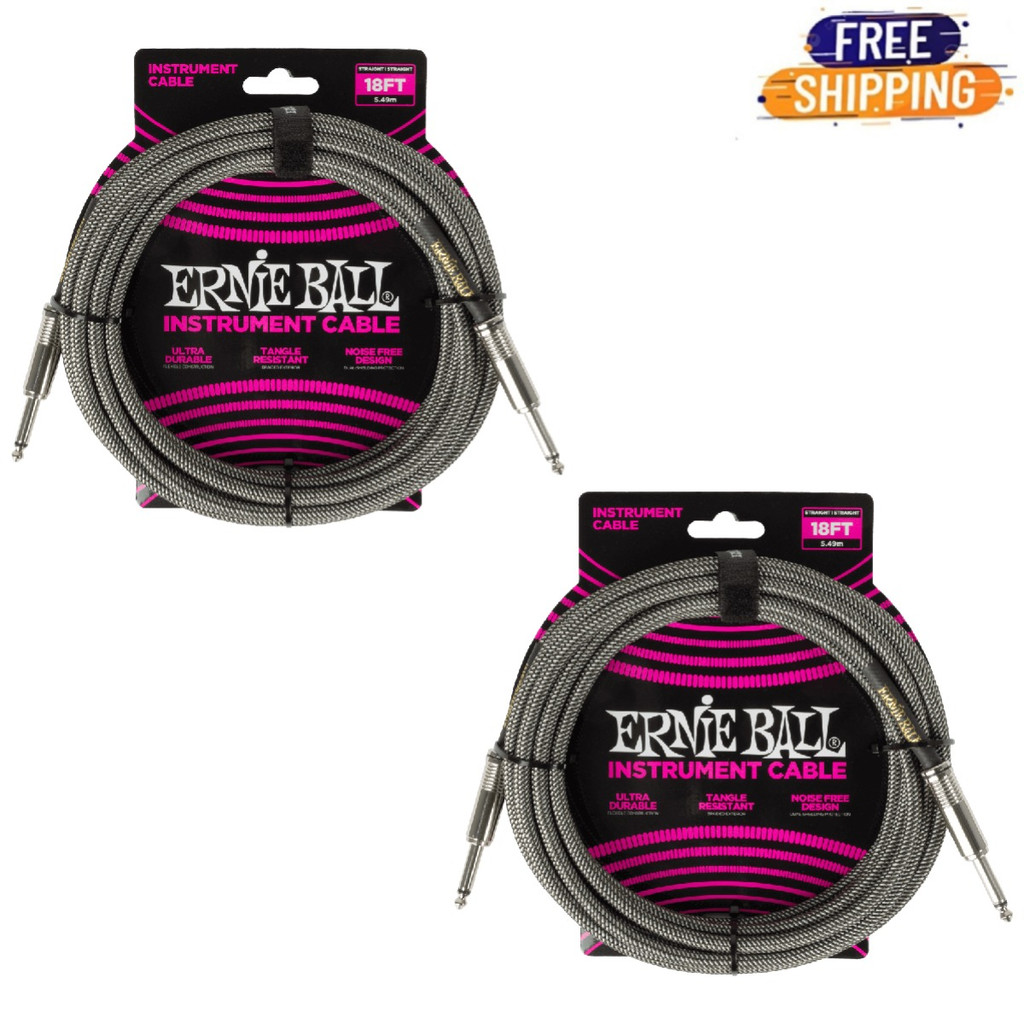 Ernie Ball Braided Instrument Cable Straight to Straight 18 Feet Length in Silver Fox P06433 - Pack of 2