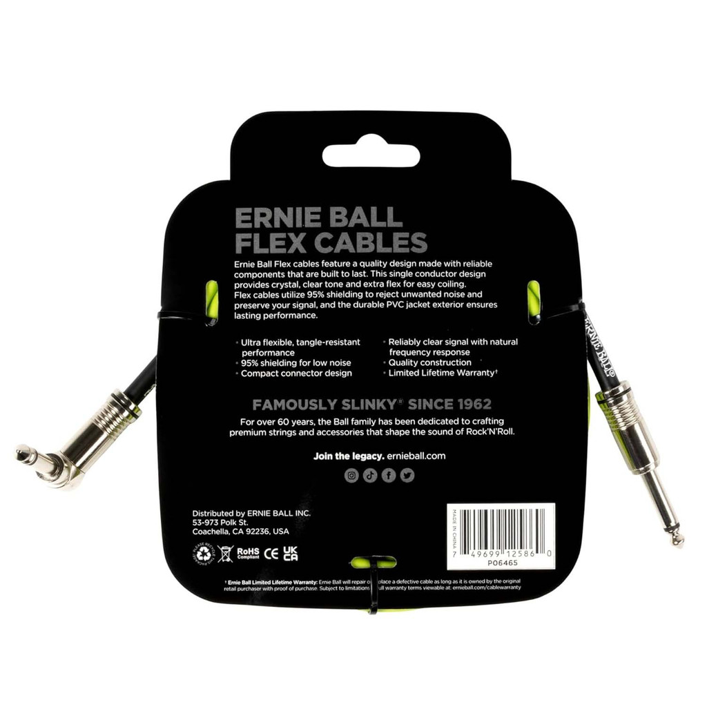 Ernie Ball Flex Instrument Cable Straight/Angle - Pack of 2 with Zorro Polishing Cloth in Green - 10 Feet