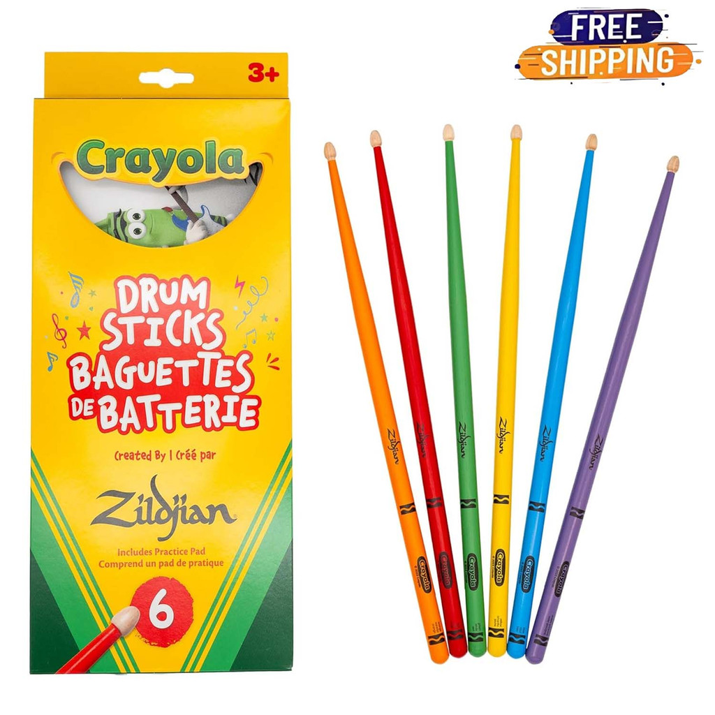 Zildjian Crayola Kids Drumsticks Set (6 Pack) with Pad - Multicolored