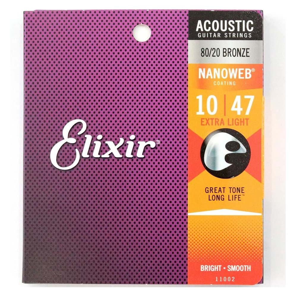 Elixir 80/20 Bronze Nanoweb Extra Light 11002 10-47 Acoustic Guitar Strings with Bonus Elixir Polishing Cloth Bright Smooth Purple - Set of 6