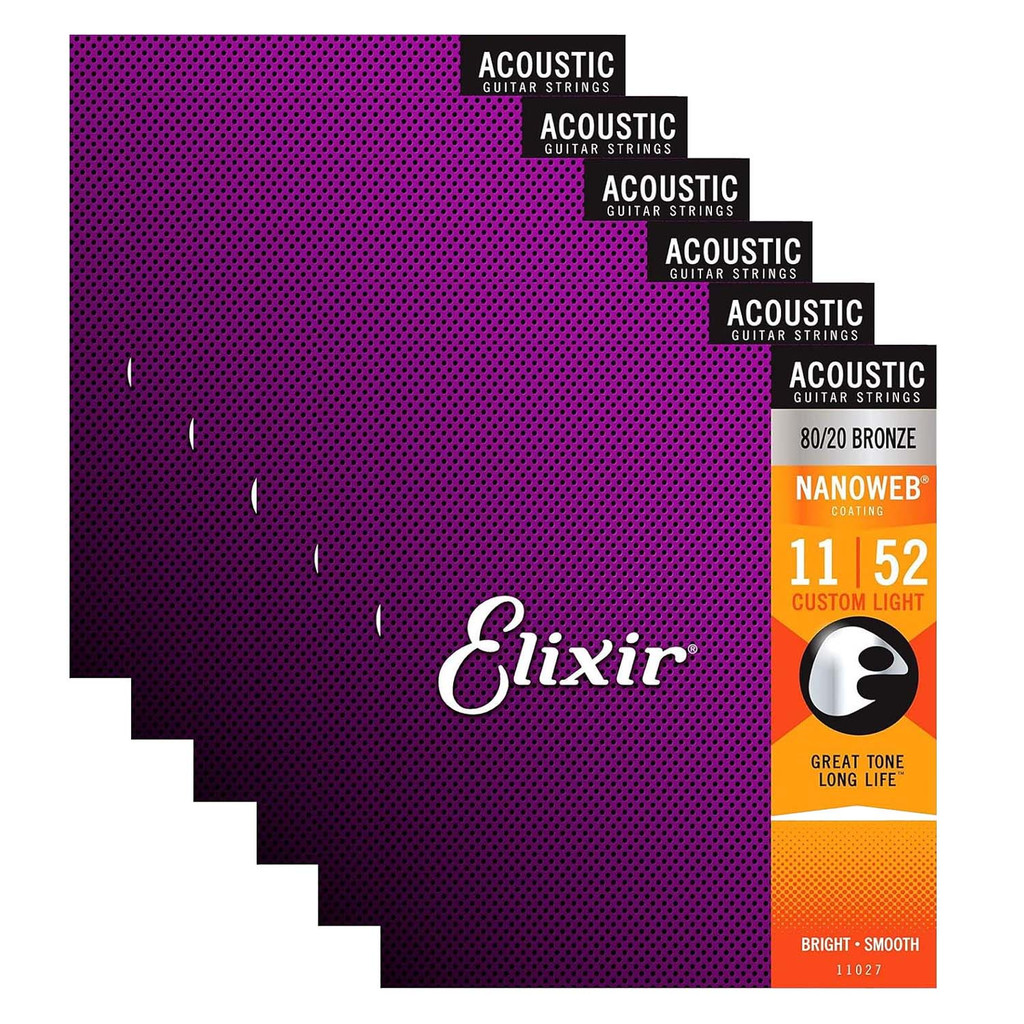 Elixir 80/20 Bronze Nanoweb 11027 Custom Light 11-52 Acoustic Guitar Strings with Bonus Elixir Polishing Cloth Bright Smooth Purple - Set of 6