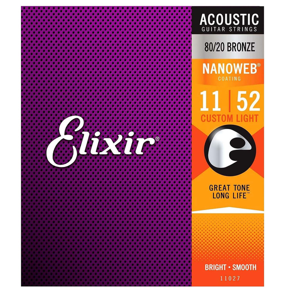 Elixir 80/20 Bronze Nanoweb 11027 Custom Light 11-52 Acoustic Guitar Strings with Bonus Elixir Polishing Cloth Bright Smooth Purple - Set of 6