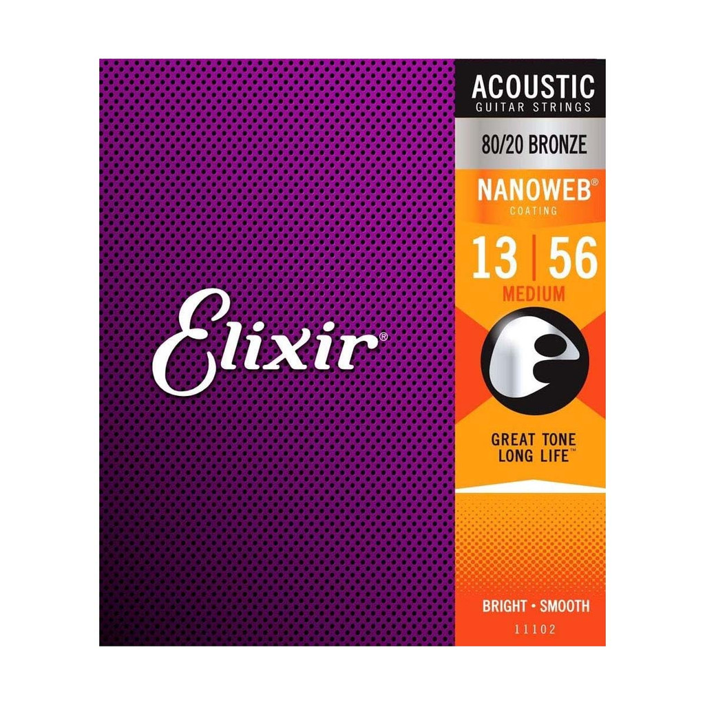 Elixir 80/20 Bronze Nanoweb 11102 Medium 13-56 Acoustic Guitar Strings with Bonus Elixir Pick Bright Smooth Purple - Set of 3