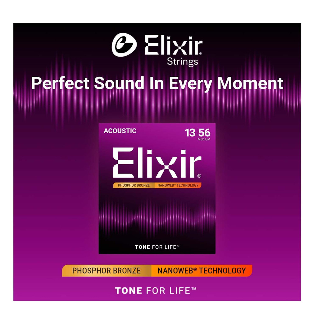 Elixir Phosphor Bronze Nanoweb Medium 16102 13-56 Acoustic Guitar Strings with Bonus Elixir Polishing Cloth Rich Full Smooth Purple - Set of 6