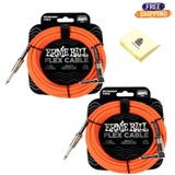 Ernie Ball Flex Instrument Cable Straight/Angle - Pack of 2 with Zorro Polishing Cloth in Orange - 20 Feet Ernie Ball Flex Instrument Cable Straight/Angle - Pack of 2 with Zorro Polishing Cloth in Orange - 20 Feet