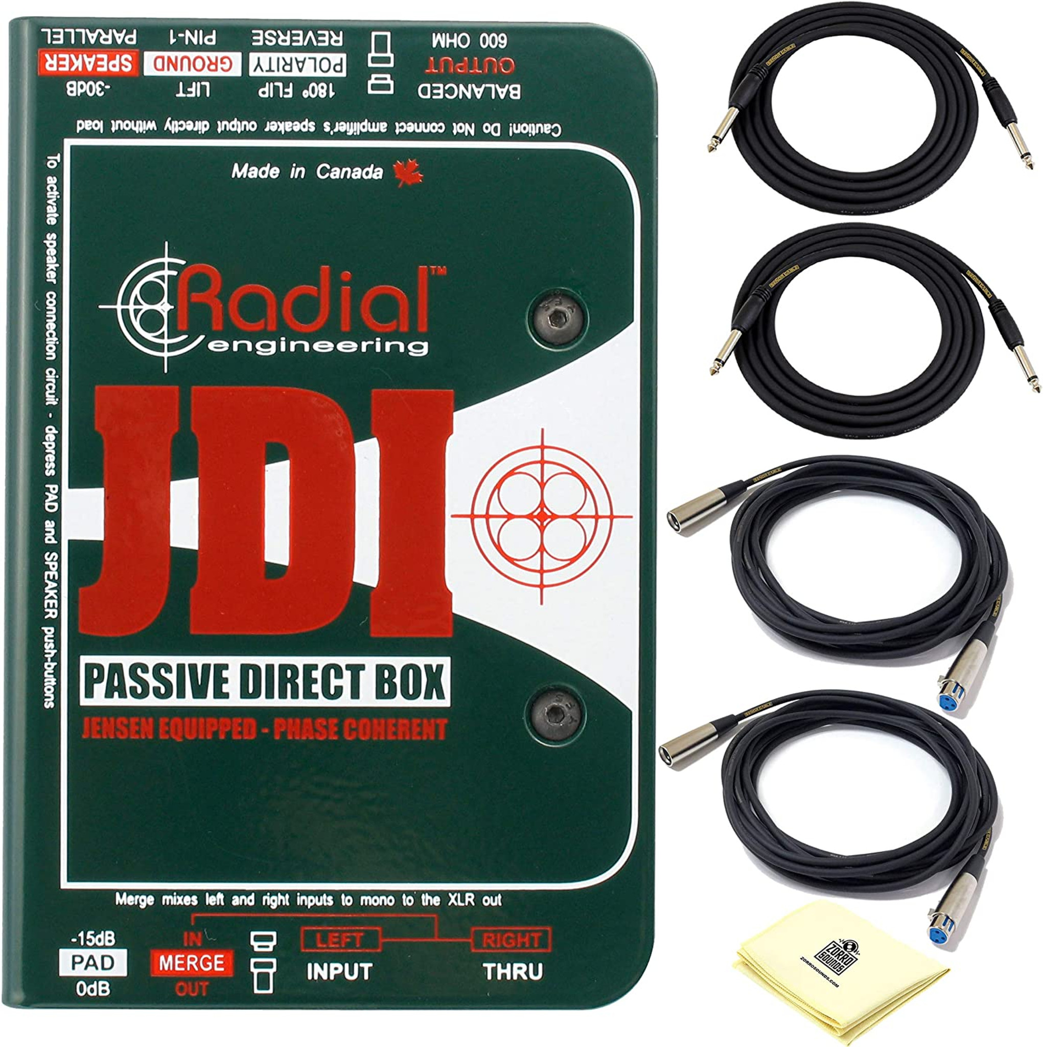 Radial Jdi Jensen Equipped 1 Channel Passive Mono Instrument Direct Box  With 2 Senor Instrument Cable, 2 Microphone Cable And Zorro Polishing Cloth