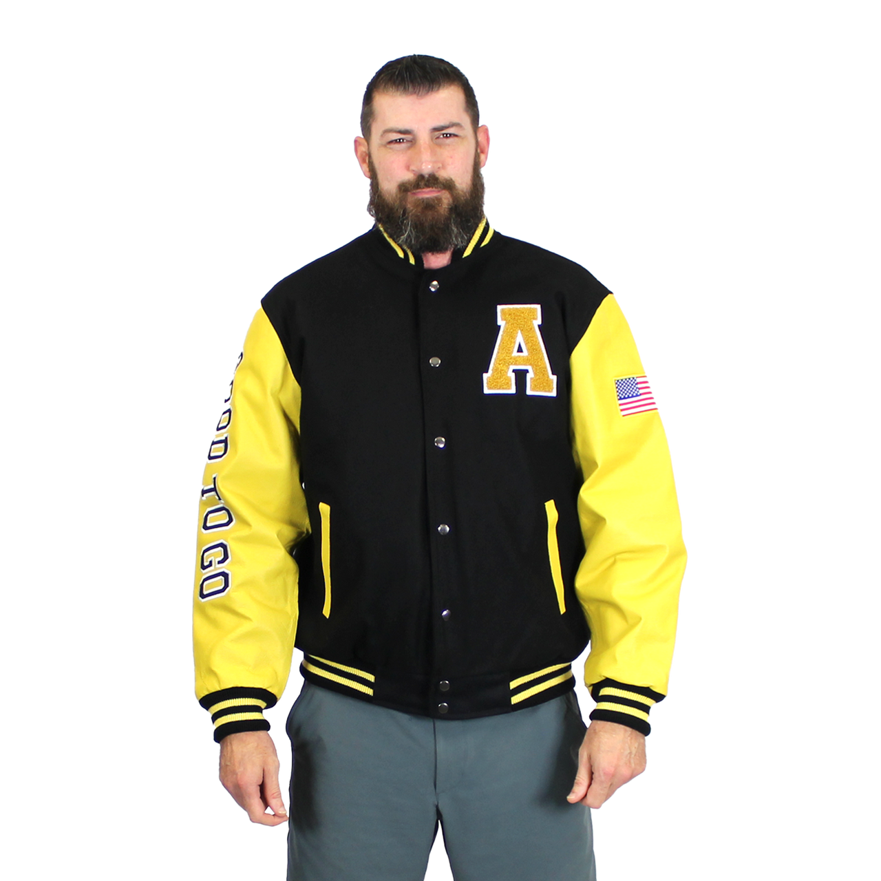 JWM Wholesale JWM Military Mens Leather Polyester Embroidered Varsity Jacket (Army / black-gold, XX-Large), Men's, Size: 2XL