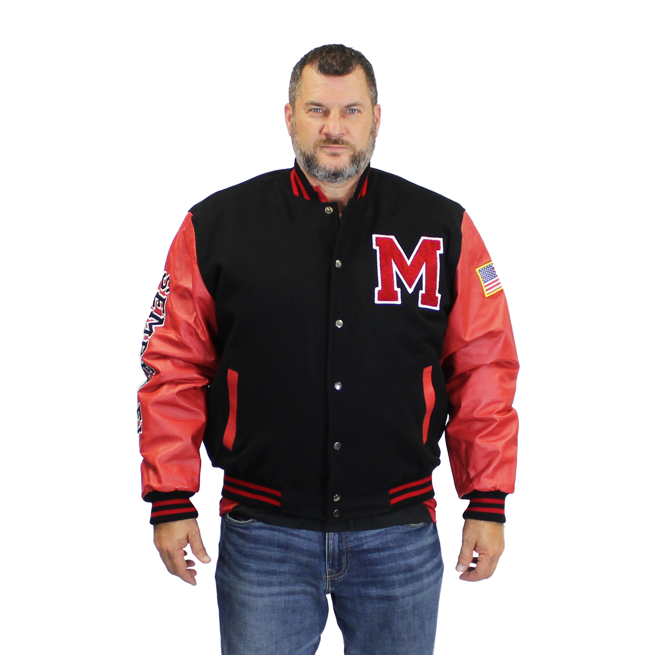 JWM Military Mens Leather Polyester Embroidered Varsity Jacket (Marines /  Black-Red, Large)