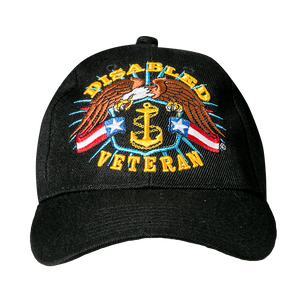 Front view of U.S. Navy Disabled Veteran Cap featuring embroidered Navy logo and American flags with bold gold lettering.