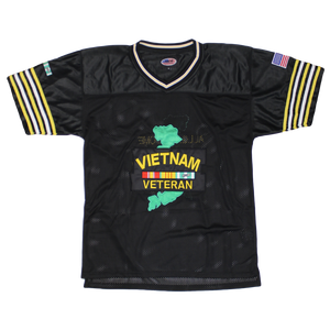 Front view of Vietnam Veteran Football Jersey featuring embroidered Vietnam Veteran emblem and patriotic color scheme.