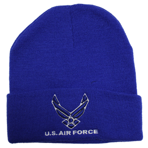 Front view of U.S. Air Force Embroidered Logo Beanie featuring official Air Force emblem stitched on royal blue knit fabric.
