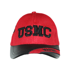 Front view of U.S. Marines Leather Brim Cap featuring bold embroidered USMC logo and premium black leather visor.