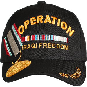 Front view of Operation Iraqi Freedom Veteran Medal Cap featuring embroidered medal ribbon and bold Operation Iraqi Freedom text.
