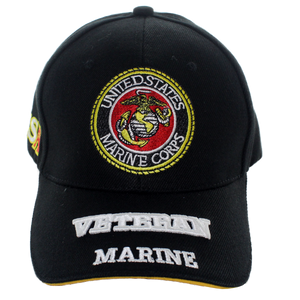 Front view of U.S. Marine Embroidered Veteran Cap featuring 3D embroidered USMC emblem and U.S. Marines Veteran text.